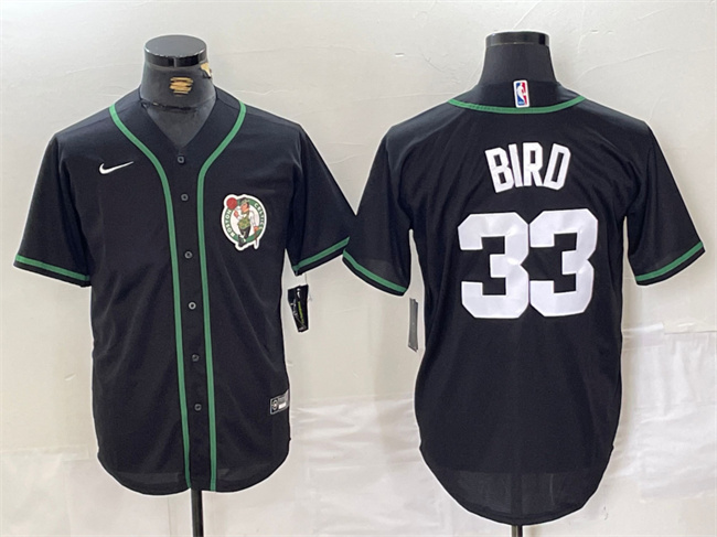 Men's Boston Celtics #33 Larry Bird Black With Patch Stitched Baseball Jersey